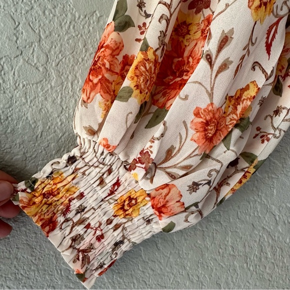 VICI off the shoulder Floral MAXI DRESS sheer with built in slip. Fall colors - Picture 3 of 6